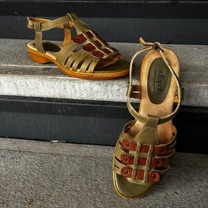 Softspots Olive Green and Tan weaved studded Leather ankle strap Sandals